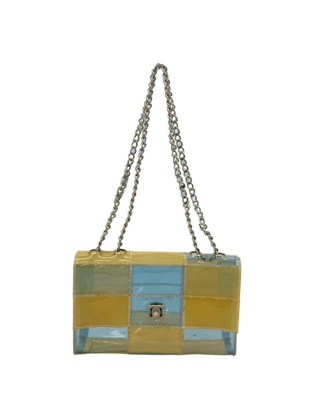 Chanel Shoulder Bag Choedge Coat Clear Beige Light Blue Chain Silver
